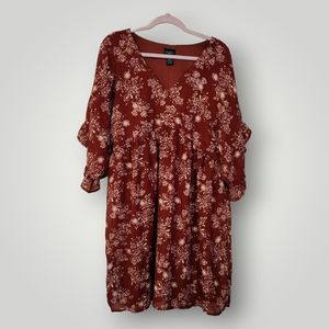 Rue+ Women's 1X Rusty Brown Beige Floral 1/2 Sleeve Flounce V Neck Mini Dress